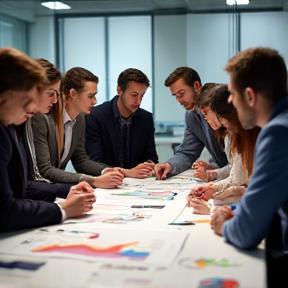 Team analyzing organizational restructuring plans